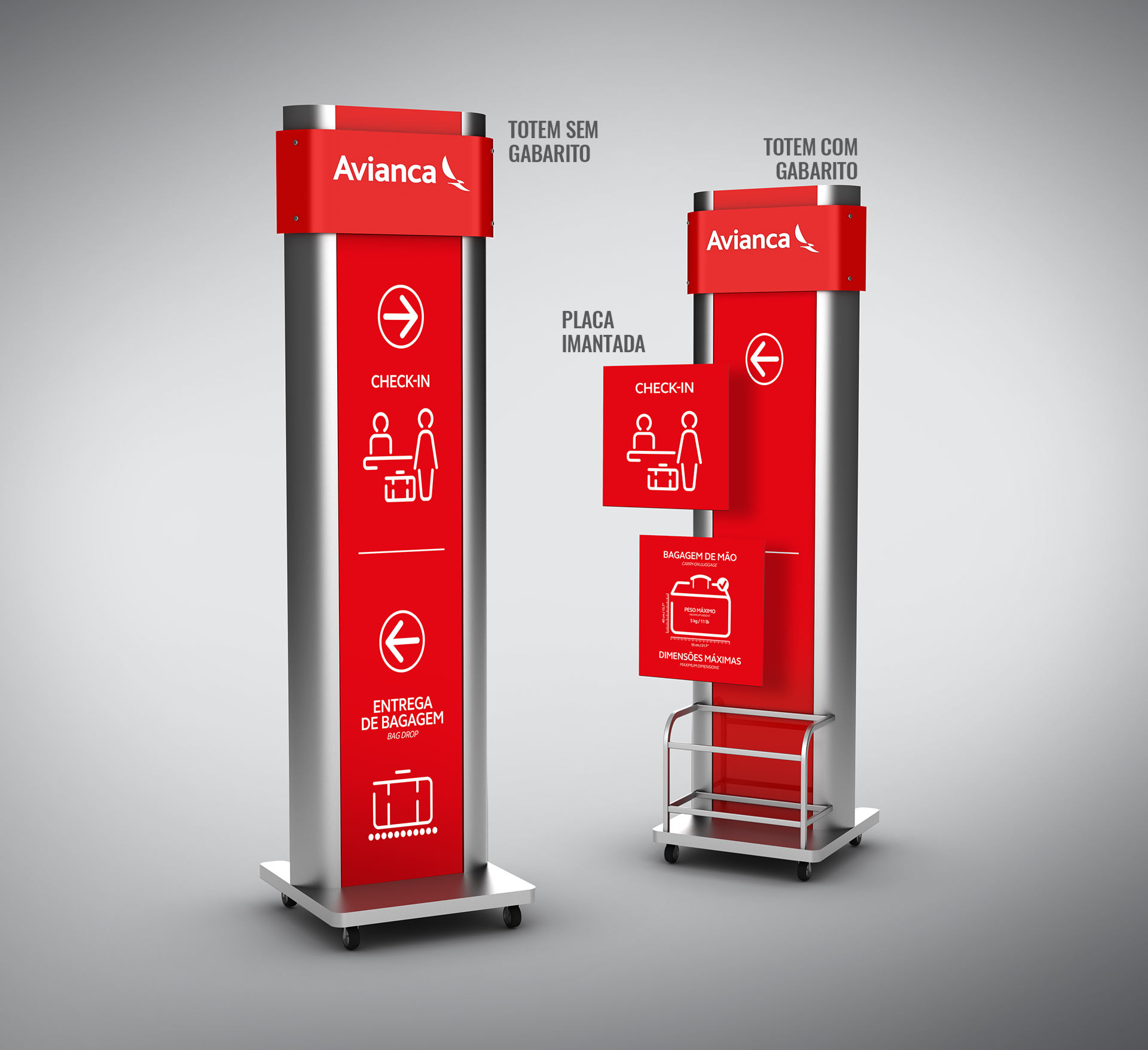 Avianca, sinalização, totem sem gabarito, totem com gabarito, placa imantada