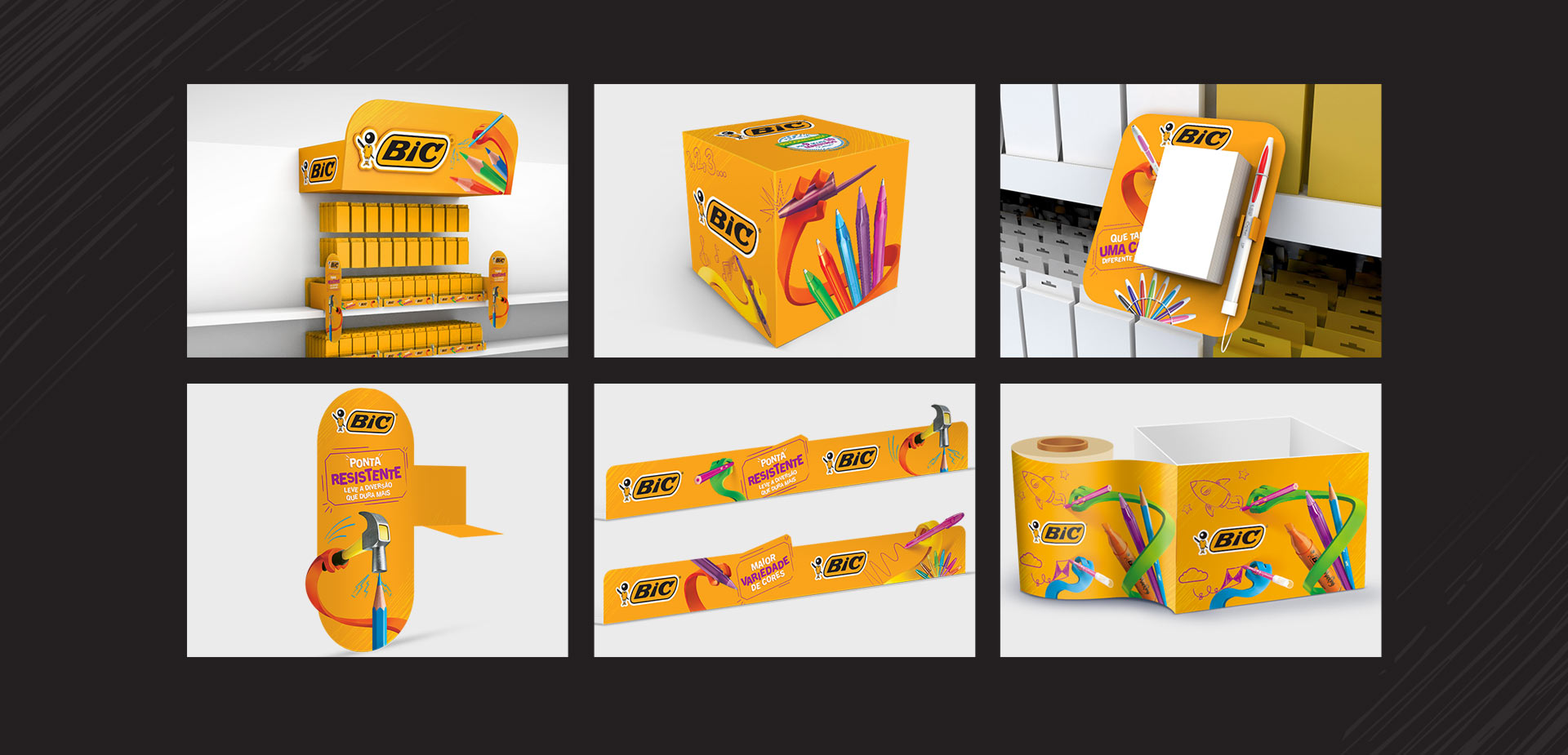 BIC, faixa de gôndola, bobina de forração, stopper, cubo, display, testeira
